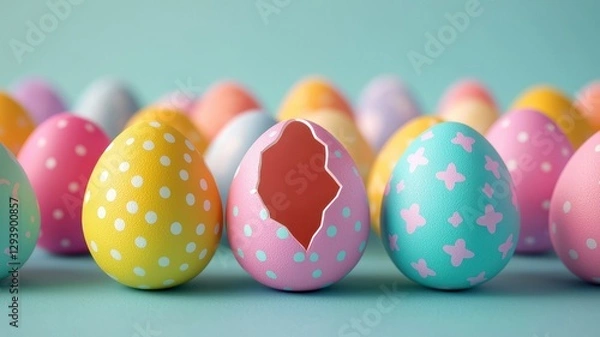 Fototapeta A colorful array of decorative Easter eggs, featuring polka dots and patterns, with one egg cracked open, revealing its inner color against a pastel backdrop.