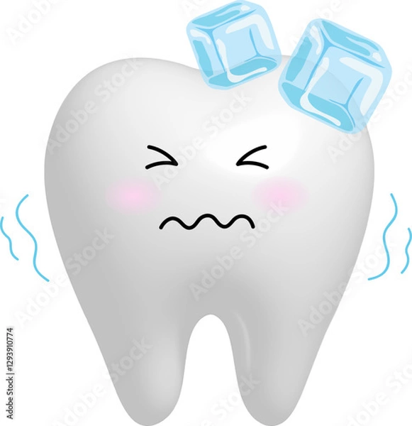 Obraz Cute cartoon sensitive tooth character with ice. Sensitive tooth to coldness. 3d illustration.