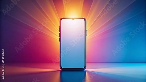 Fototapeta Flat Rays Illuminate Blank Smartphone Screen: Mobile Phone Mockup Isolated on Background