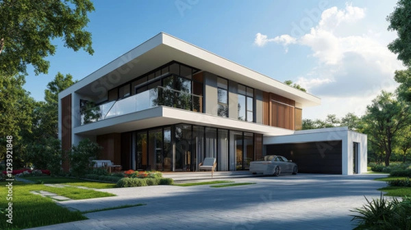 Fototapeta Isometric green modern house with garage. Residential building 3D icon. Modern architecture and real estate vector illustration.
