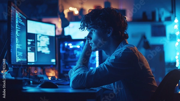 Fototapeta Focused young programmer working late at night on software development projects illuminated by computer screens in a dimly lit room showcasing dedication and late night coding sessions