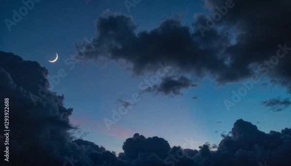 Fototapeta Crescent moon and star shine through dramatic clouds, cosmic wonder
