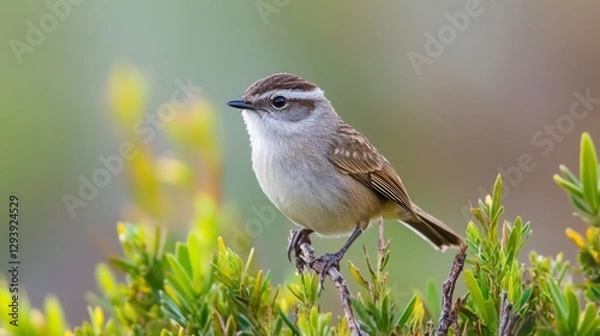 Fototapeta Singing sparrow perched on greenery in natural habitat