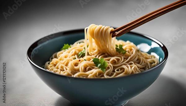 Obraz Close up of chopsticks lifting noodles from a blue bowl
