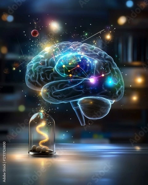 Fototapeta An illuminated brain with vibrant particles showcasing creativity and intelligence.