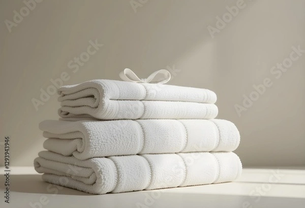 Fototapeta A stack of folded towels in neutral tones on a clean surface. Soft fabric with visible texture, neatly arranged for a minimalist and cozy look. Perfect for wellness, home, and spa themes.