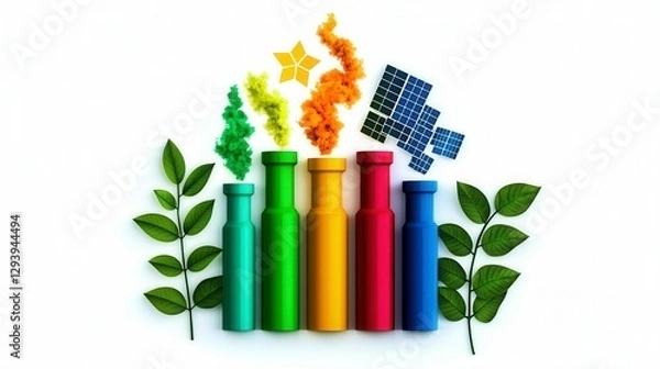 Fototapeta Illustration of Sustainable Manufacturing with Colorful Bottles and Nature Elements