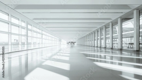 Fototapeta Modern Minimalist Interior of a Spacious Airport Terminal Corridor