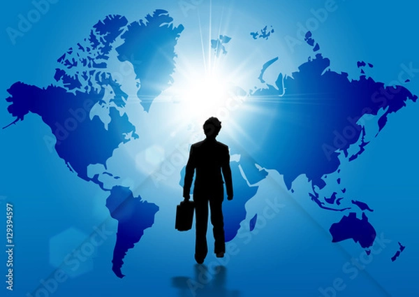 Fototapeta 世界地図とビジネスマンのシルエット