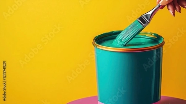 Fototapeta A woman's hand gracefully holding a brush over a can of green paint, standing out against a bold yellow background