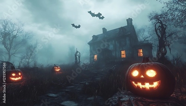 Obraz A Spooky Scene Depicts Halloween Night With Pumpkins and Bats