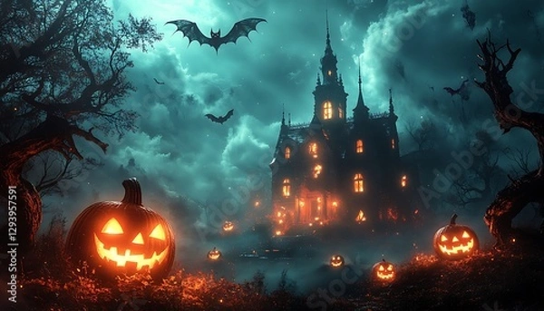 Obraz Haunted House With Bats Pumpkins And Spooky Atmosphere