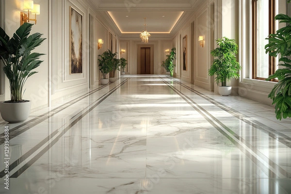 Fototapeta a luxurious and elegant hallway in a classic style. The floor is made of white marble with gray veins and neat geometric lines along the passage. 
