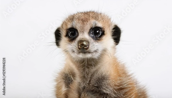 Fototapeta MonthOld Meerkat Cub on White Background Playful and Curious Suricate Cub Snuggling in Snowy Desert Landscape, Captured at Twilight