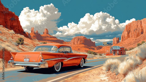 Obraz Classic car on desert highway, roadside diner