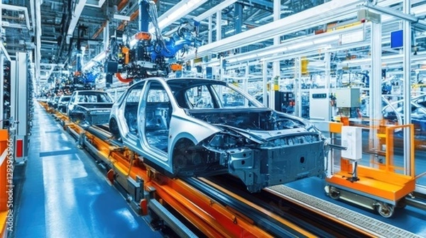 Fototapeta Automated vehicle production process in a spacious, high-tech car manufacturing facility.