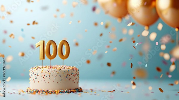 Obraz Birthday celebration with a decorated cake, balloons, confetti and number 100 candle. Hundredth anniversary concept