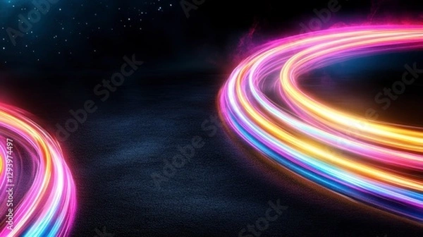 Fototapeta Abstract glowing circles of pink, orange, and blue light trails on a dark, textured background resembling asphalt or space. The colors are vibrant