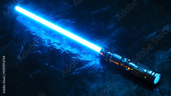 Obraz Glowing blue lightsaber on a rock