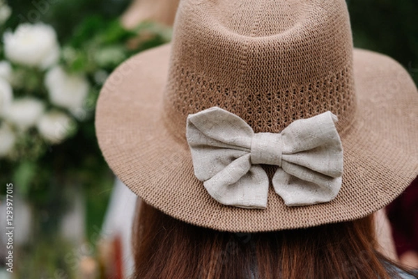 Obraz Pretty straw hat with bow on white background, beach, straw hat, fashion, accessory, summer, bow, white
