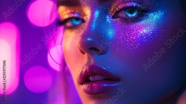 Fototapeta Close-up Portrait of a Woman with Vibrant Makeup and Glitter