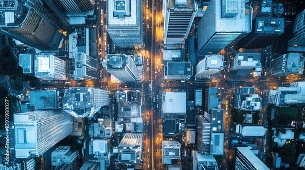Fototapeta A bird's-eye view of Auckland's central business district with a grid of streets and towering skyscrapers.