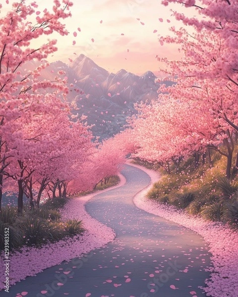 Fototapeta Pathway through blooming cherry blossom trees.