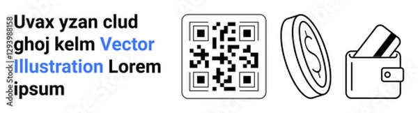 Fototapeta QR code, random text, ear, and wallet with cards represented in clean, simple line art. Ideal for tech solutions, online transactions, accessibility, contactless payments digital identification