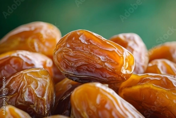 Fototapeta A pile of dates against a green background, with one date in the center showing its interior texture and soft skin