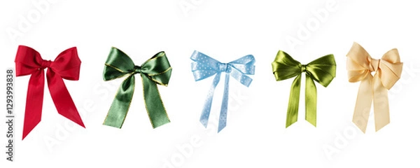 Obraz Set of multi coloured ribbon tied bows isolated on transparent background for design. Collection of  satin luxury ribbon bow elements for holiday packaging and decoration design.