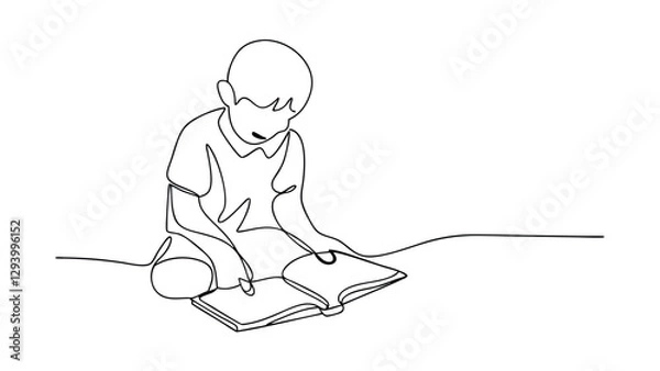 Fototapeta A minimalist line drawing depicts a young boy seated on the ground, deeply absorbed in reading an open book. Simple, elegant, and evocative of learning and childhood.