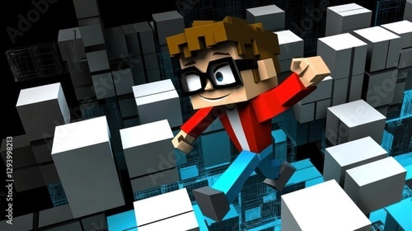 Obraz Pixelated man navigating a digital city, 3D rendered