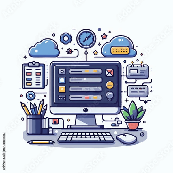 Fototapeta computer, business, digital, technology, communication, laptop, design, office, web, internet, tech, work, vector, modern, employee, pc, monitor, information, device, desk, online, desktop, isolated, 