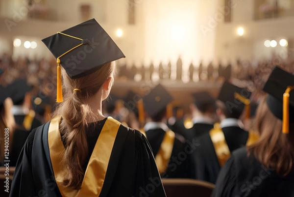 Fototapeta Female graduate in cap and gown at university ceremony with attendees