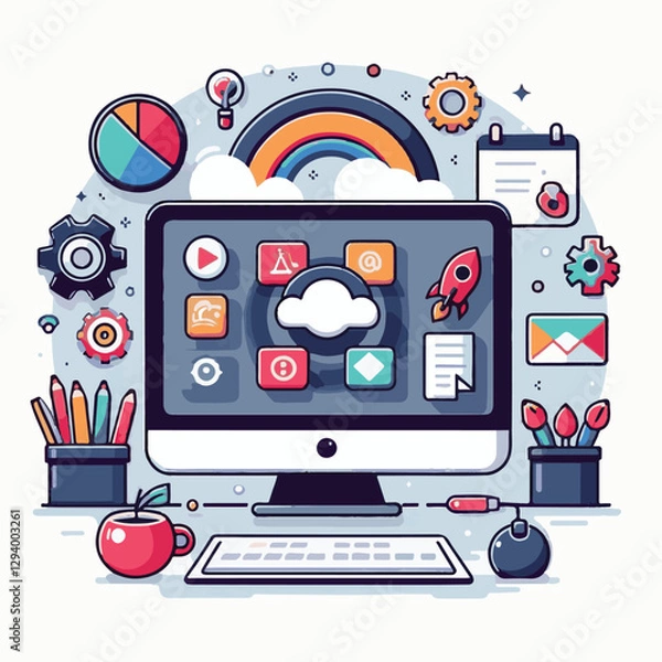 Fototapeta computer, business, digital, technology, communication, laptop, design, office, web, internet, tech, work, vector, modern, employee, pc, monitor, information, device, desk, online, desktop, isolated, 