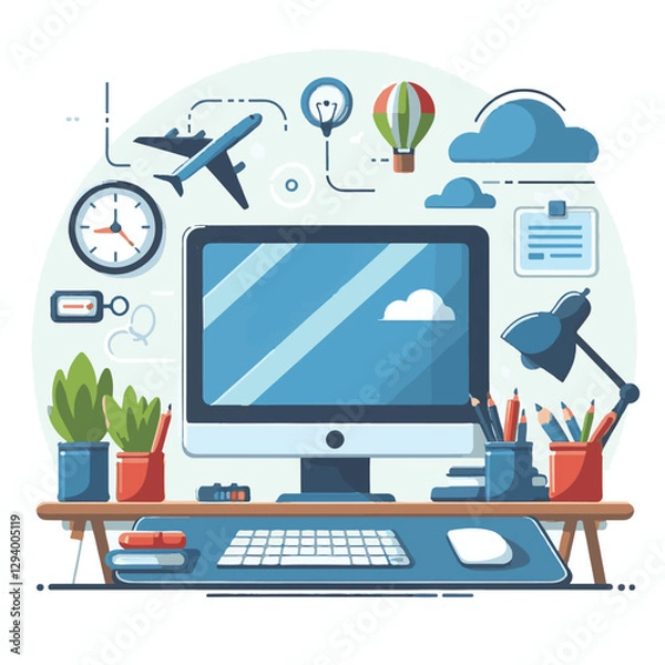 Fototapeta computer, business, digital, technology, communication, laptop, design, office, web, internet, tech, work, vector, modern, employee, pc, monitor, information, device, desk, online, desktop, isolated, 