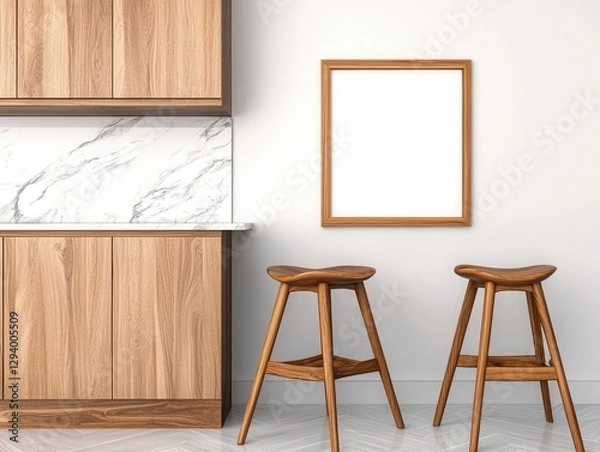 Fototapeta Modern kitchen interior with wooden cabinets, marble countertop, and two wooden stools. A blank frame hangs on the wall. Light and airy atmosphere