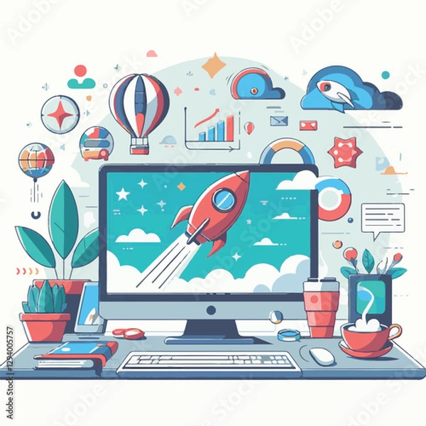 Fototapeta computer, business, digital, technology, communication, laptop, design, office, web, internet, tech, work, vector, modern, employee, pc, monitor, information, device, desk, online, desktop, isolated, 