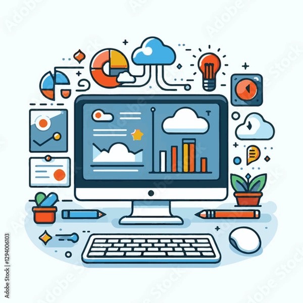 Fototapeta computer, business, digital, technology, communication, laptop, design, office, web, internet, tech, work, vector, modern, employee, pc, monitor, information, device, desk, online, desktop, isolated, 
