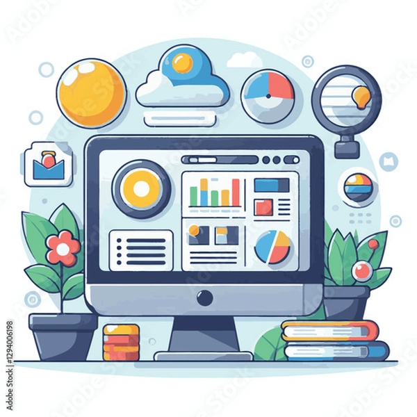 Fototapeta computer, business, digital, technology, communication, laptop, design, office, web, internet, tech, work, vector, modern, employee, pc, monitor, information, device, desk, online, desktop, isolated, 