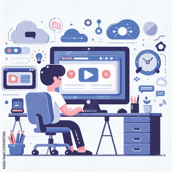 Fototapeta computer, business, digital, technology, communication, laptop, design, office, web, internet, tech, work, vector, modern, employee, pc, monitor, information, device, desk, online, desktop, isolated, 
