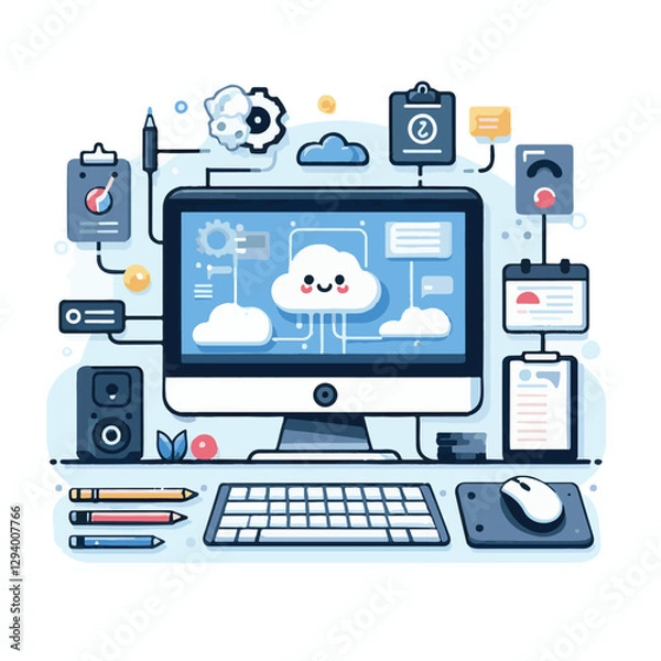 Fototapeta computer, business, digital, technology, communication, laptop, design, office, web, internet, tech, work, vector, modern, employee, pc, monitor, information, device, desk, online, desktop, isolated, 