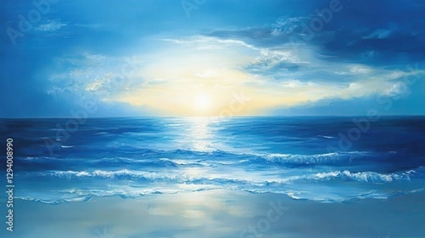 Fototapeta A vibrant painting depicting a stunning sunset over the ocean, with gentle waves lapping at the shore.