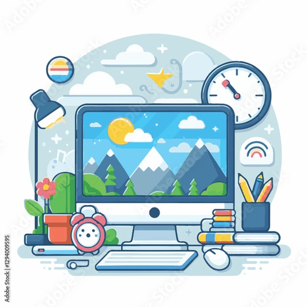 Fototapeta computer, business, digital, technology, communication, laptop, design, office, web, internet, tech, work, vector, modern, employee, pc, monitor, information, device, desk, online, desktop, isolated, 