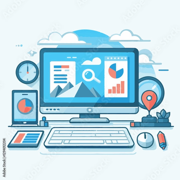 Fototapeta computer, technology, digital, business, communication, laptop, tech, device, design, pc, work, internet, office, web, desktop, monitor, employee, information, modern, data, electronic, vector, backgr
