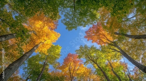 Fototapeta Looking Up Colorful Canopy, Autumn Forest with Red, Yellow, and Green Treetops Framing Blue Sky