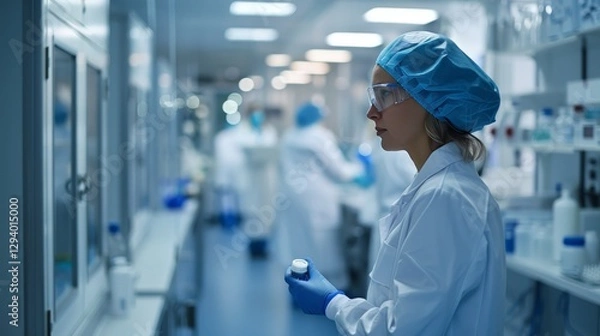 Fototapeta A woman in a lab coat is holding a pill bottle. She is wearing a blue hat and a white lab coat. The lab is filled with various bottles and vials, and there are other people in the room