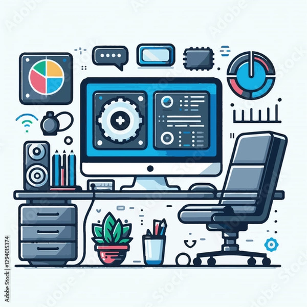Fototapeta computer, technology, digital, business, communication, laptop, tech, device, design, pc, work, internet, office, web, desktop, monitor, employee, information, modern, data, electronic, vector, backgr