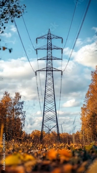 Obraz A large electricity pylon towers above trees and autumnal leaves