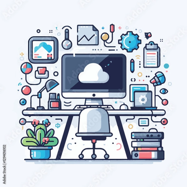 Fototapeta computer, technology, digital, business, communication, laptop, tech, device, design, pc, work, internet, office, web, desktop, monitor, employee, information, modern, data, electronic, vector, backgr